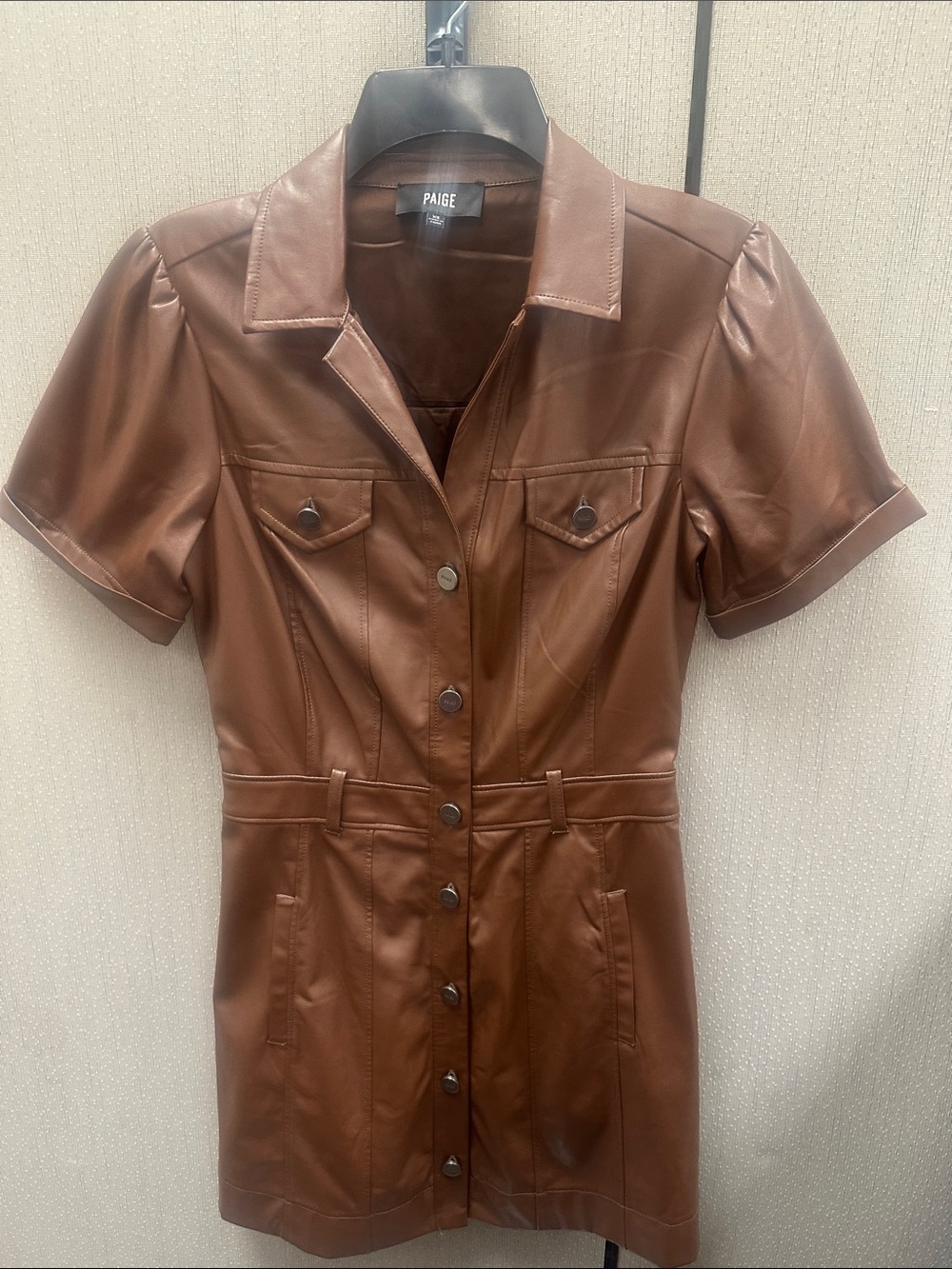PAIGE Amina Faux-Leather Short-Sleeve Button-Front Mini Dress XS